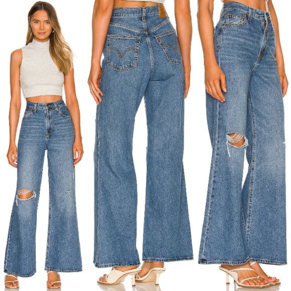 Levi's Denim - Levi's High Loose Flare Wide Leg Jeans Size 31 x 32  Blue Distressed $108 NEW
